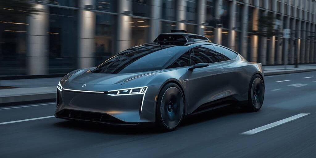 Una imagen de un coche que sea dirigido por ordenador, sin conductor